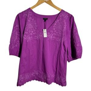 Talbots Embroidered Poplin Boho Cottagecore Top Women L Purple Magenta Cotton